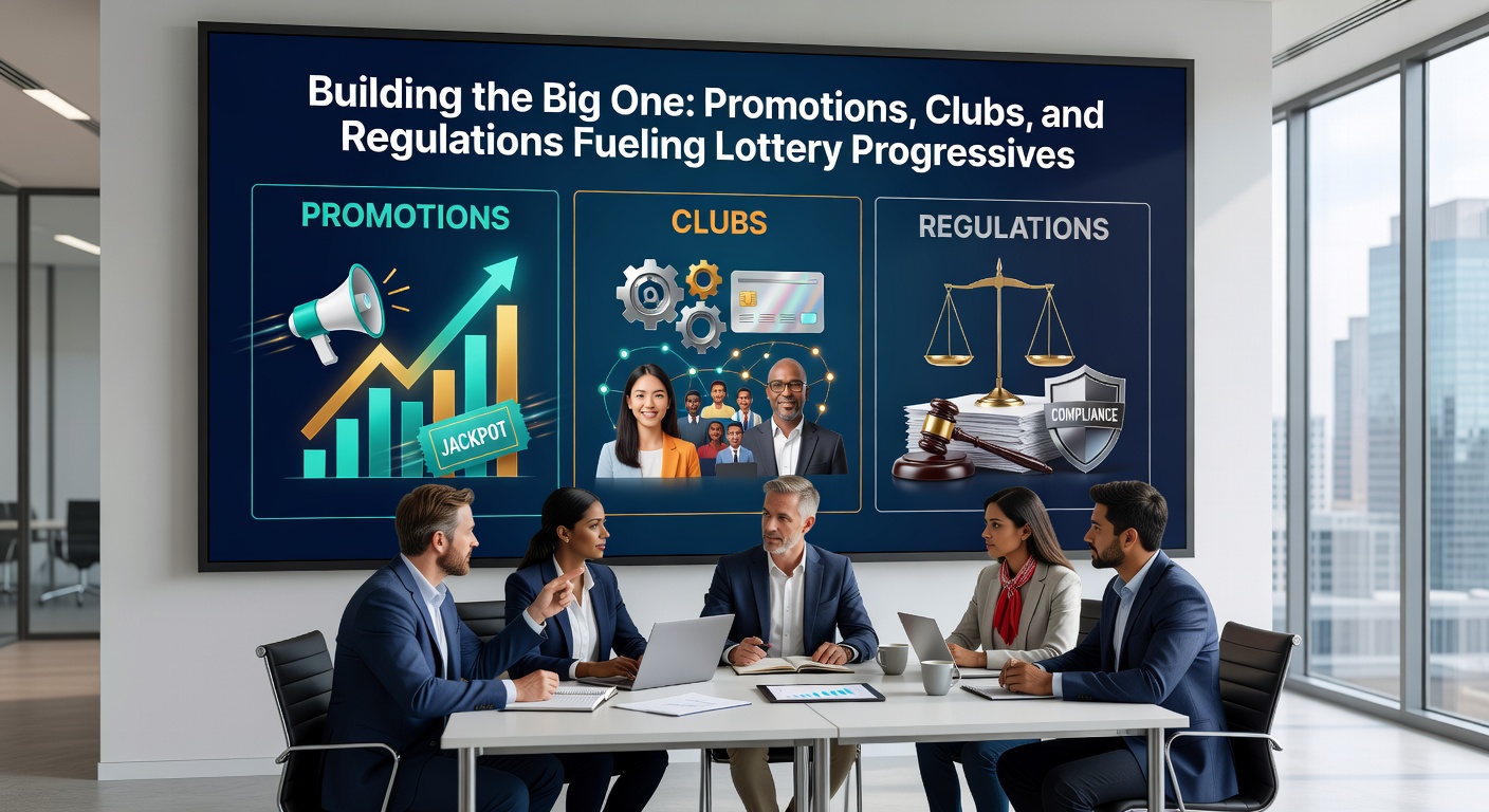 Vibrant display of a massive progressive lottery jackpot counter climbing higher amid promotional banners and player club cards