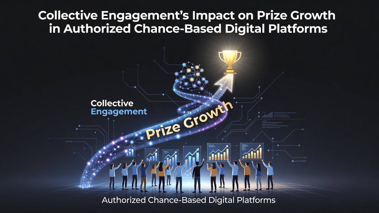 Group of players interacting on a digital lottery platform interface showing growing prize pools