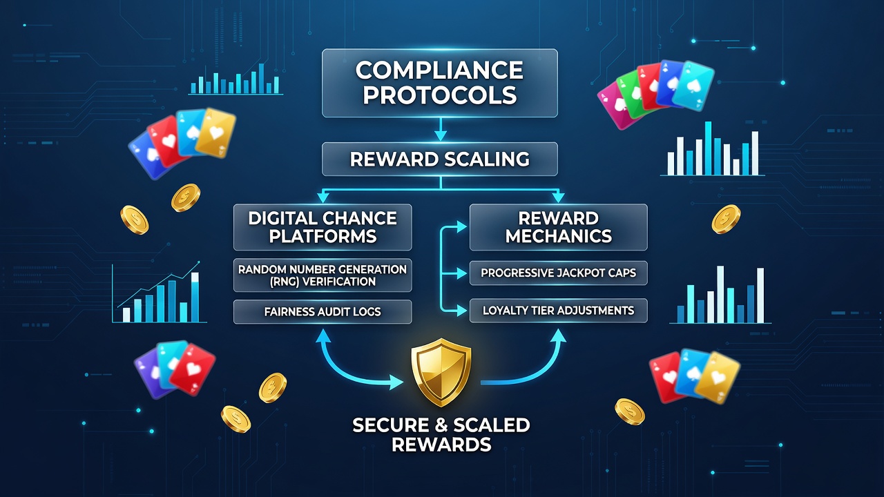 Digital interface showing compliance checks and reward scaling metrics on a chance-based platform dashboard
