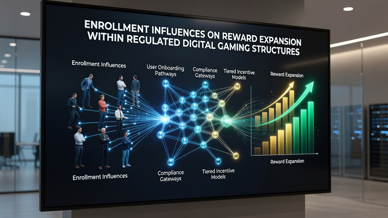 Diagram showing how regulated enrollment data drives reward expansion timelines in digital gaming networks