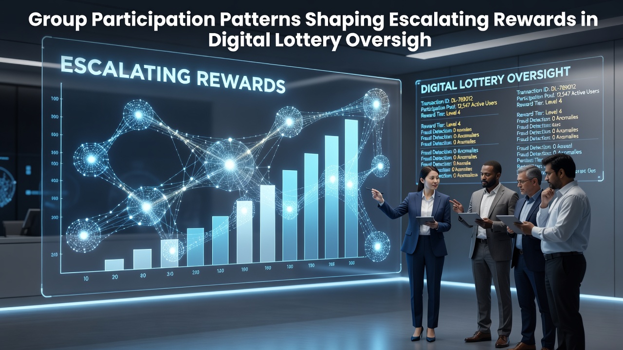 Digital lottery interface showing group participation metrics and reward escalation graphs