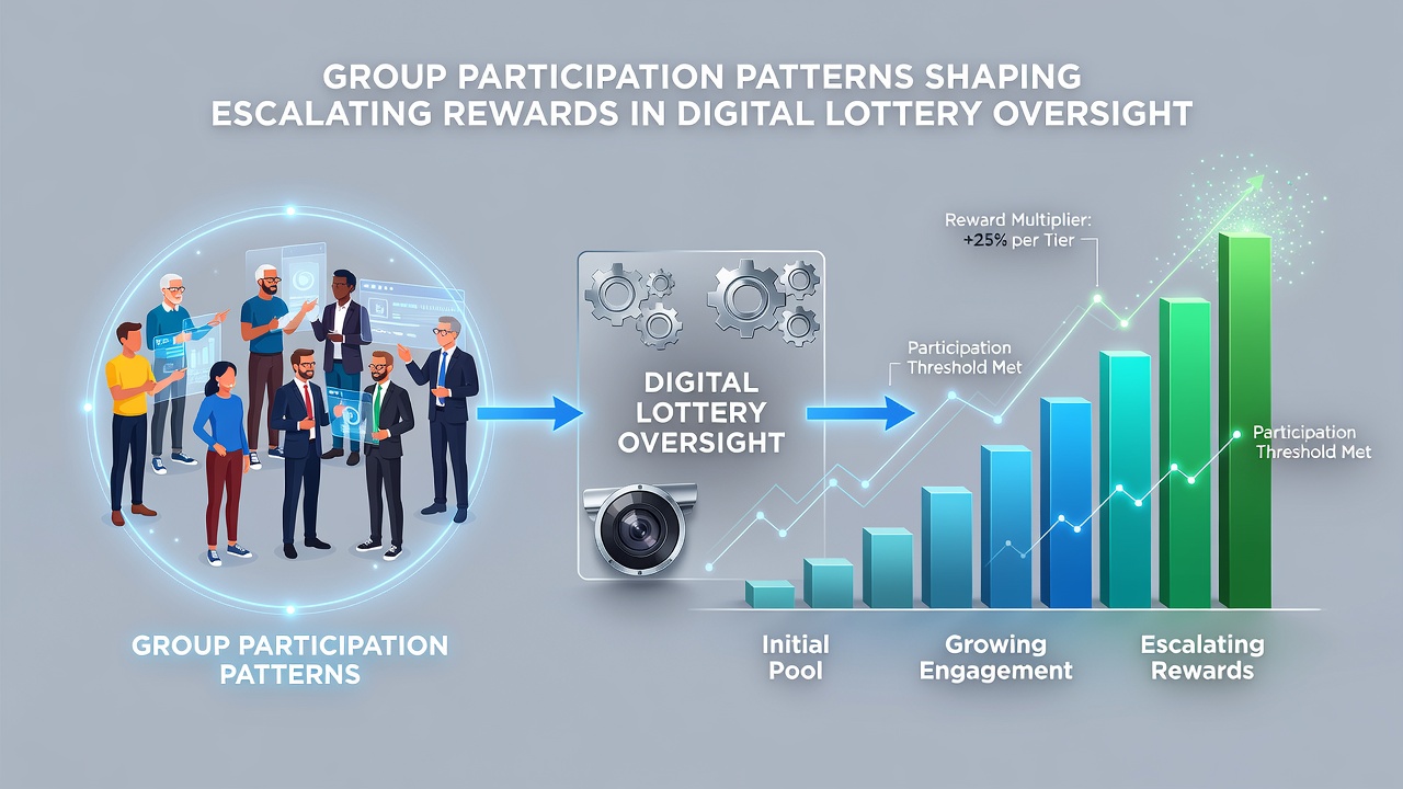 Regulatory dashboard displaying group participation analytics and reward growth projections for digital lotteries