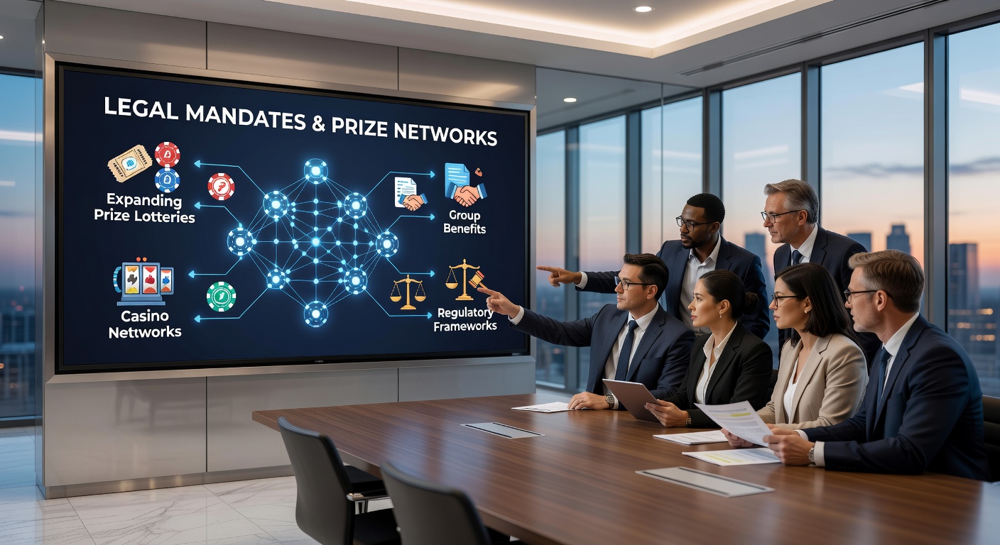 Regulatory documents and casino network diagrams illustrating legal mandates for group benefits in prize lotteries