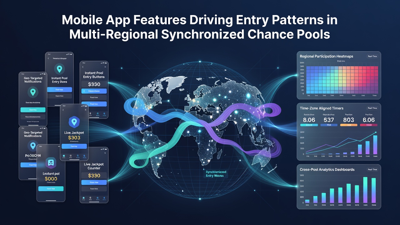 Mobile app interface showing synchronized chance pool entries across multiple regions with real-time data updates