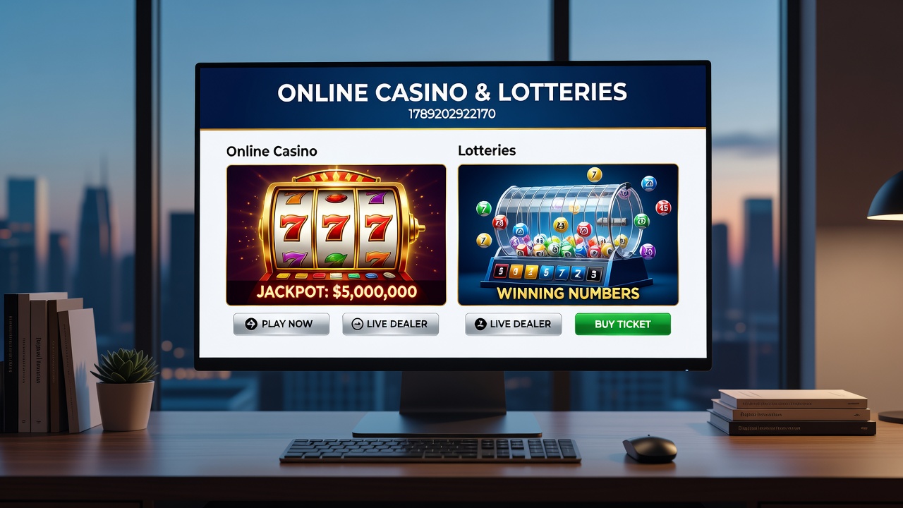 Mobile screen displaying synchronized casino slots and lottery ticket options