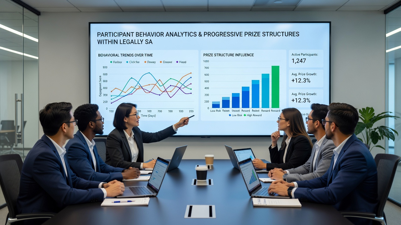 Analytics team reviewing graphs that correlate player participation rates with progressive jackpot growth in authorized online gaming networks