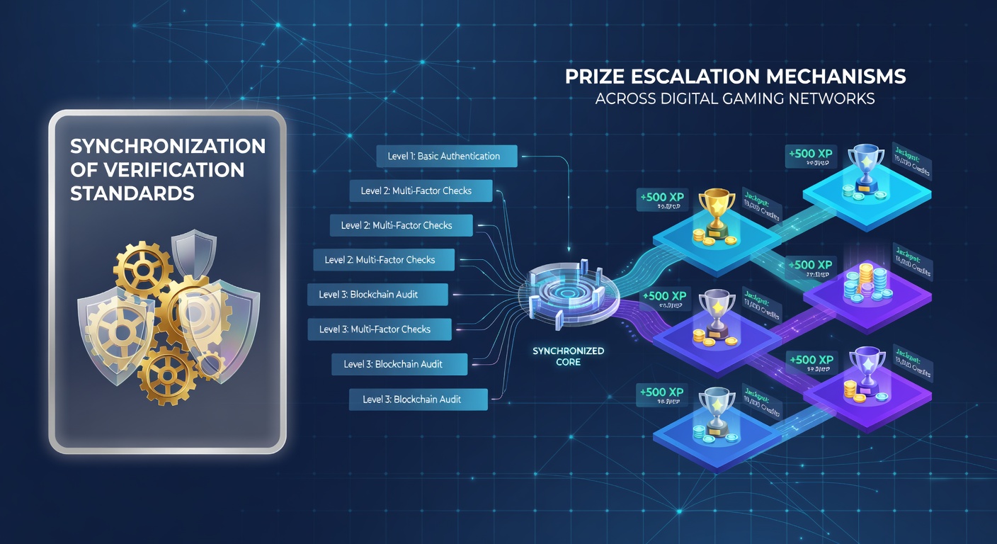 Digital gaming network interface showing verification checkpoints integrated with progressive prize displays