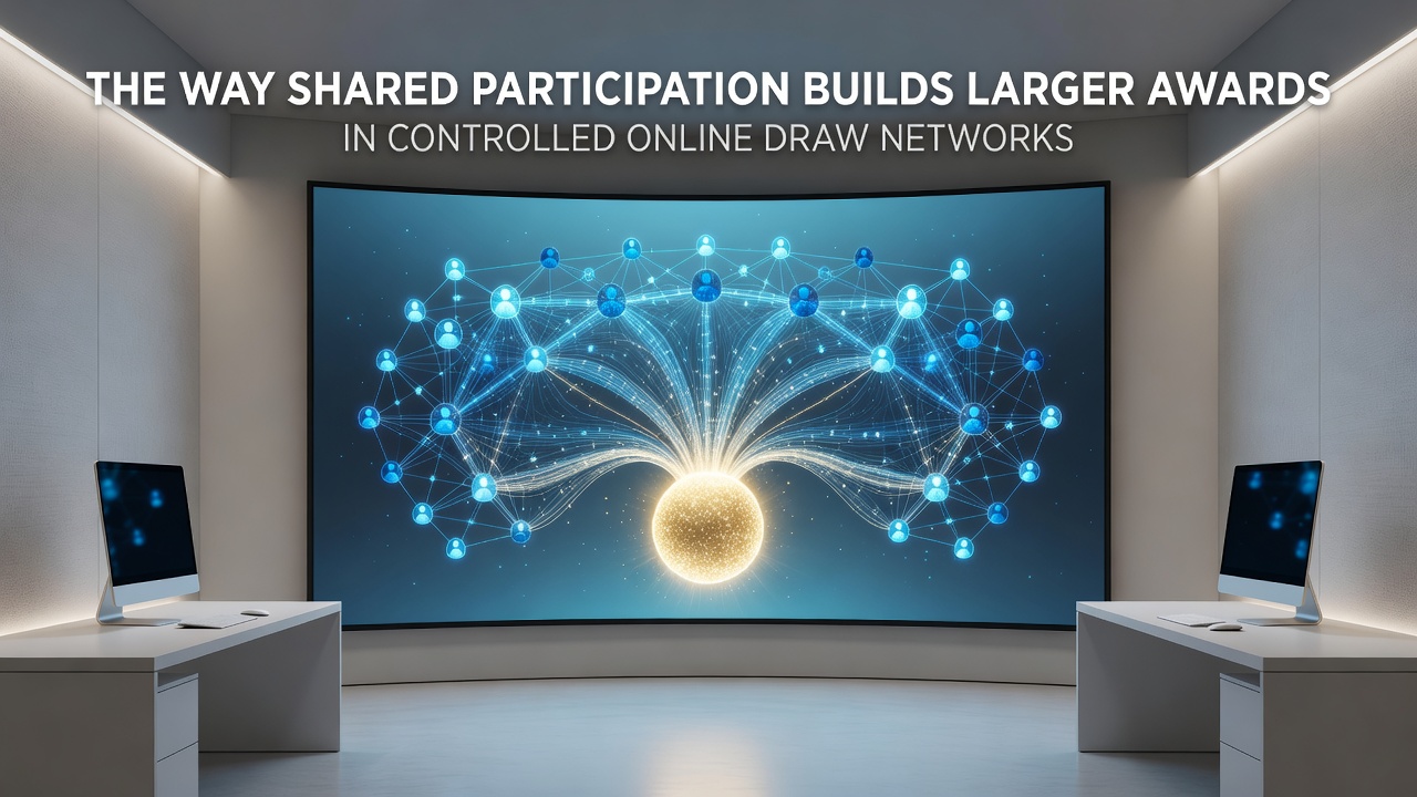 Illustration of synchronized data flows between player clubs, regulatory servers, and expanding jackpot displays in an online draw environment