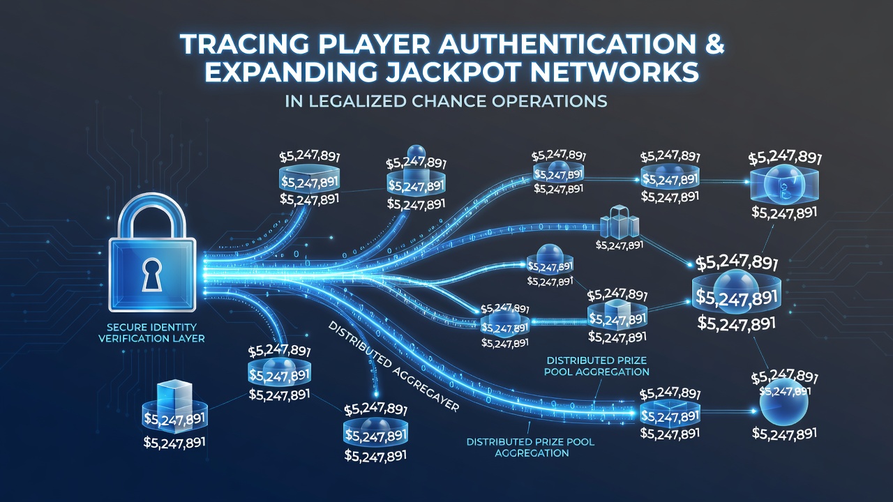 Player authentication interface connected to expanding jackpot network displays in a regulated gaming facility