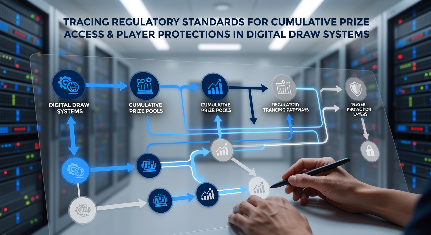 Digital draw systems interface showing regulatory compliance indicators and prize pool tracking
